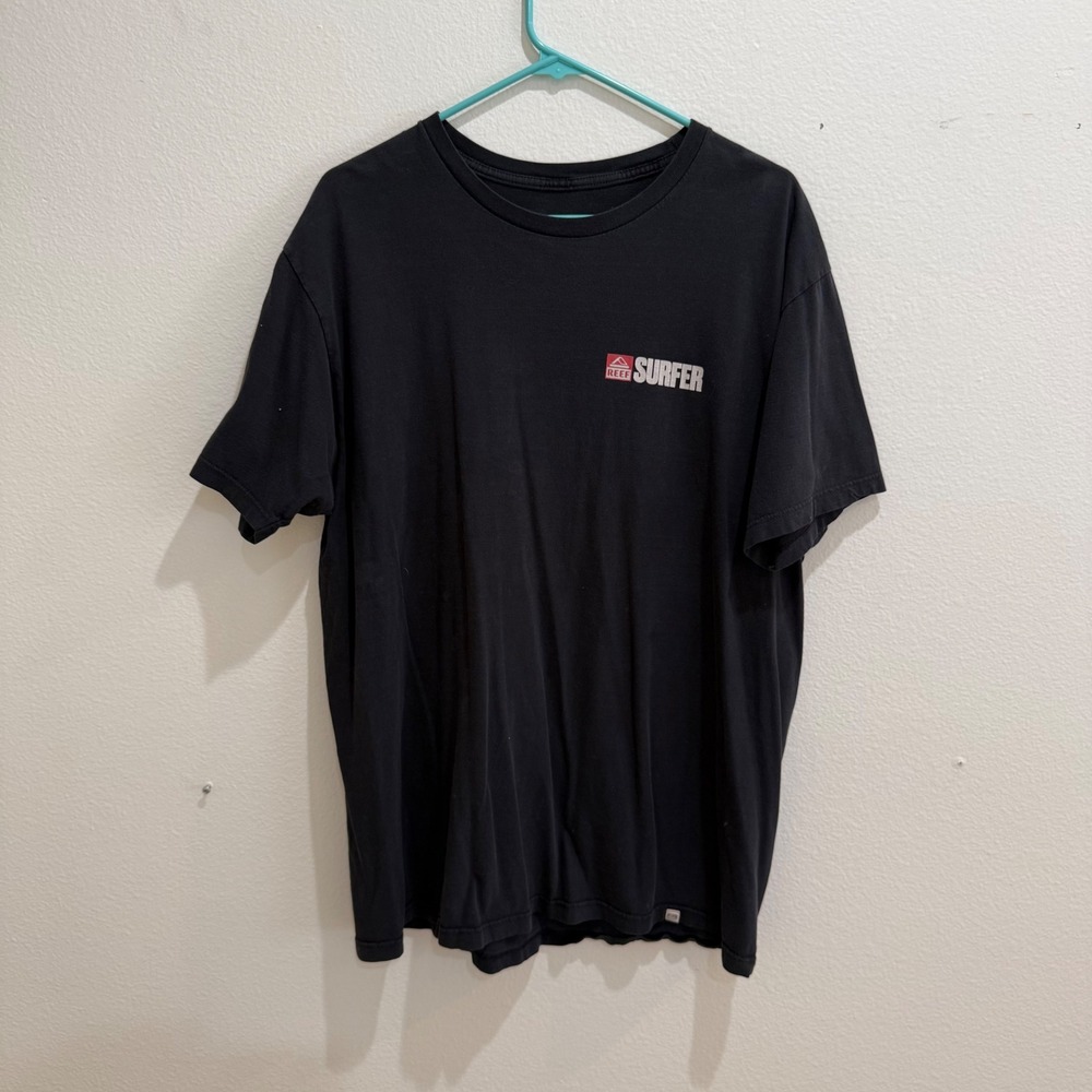 Reef Surfer Magazine Graphic T-Shirt Mens XL Black Retro Back Print Short Sleeve